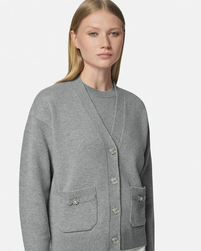 CashmereBlend Knit Boxy Cardigan Gray Women Versace Knitwear