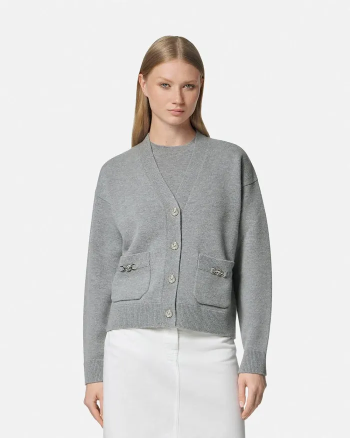 CashmereBlend Knit Boxy Cardigan Gray Women Versace Knitwear