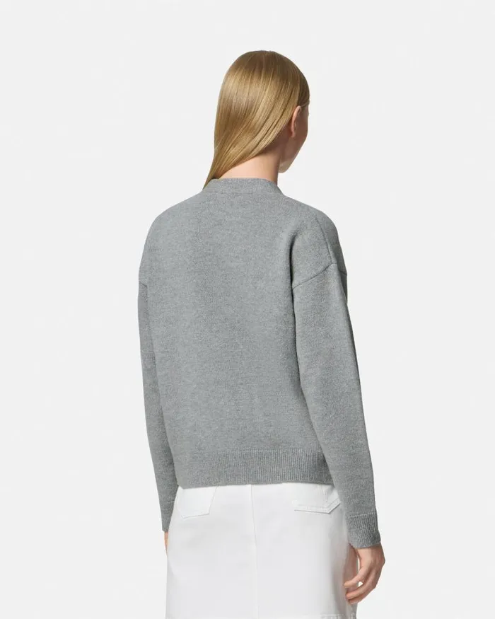 CashmereBlend Knit Boxy Cardigan Gray Women Versace Knitwear