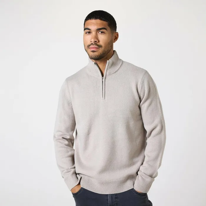 Closure London Knit 14 Zip Funnel Neck Stone Men Knitwear