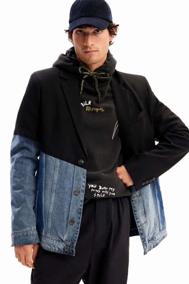Coats And Jackets Men Desigual Bimaterial Denim Blazer Black