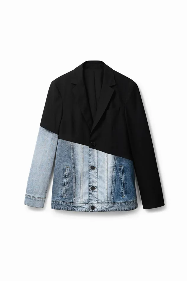 Coats And Jackets Men Desigual Bimaterial Denim Blazer Black