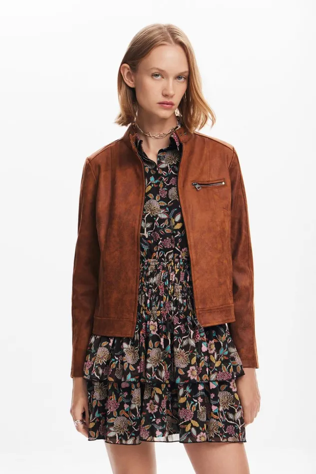 Coats And Jackets Women Desigual Regular Biker Jacket Brown