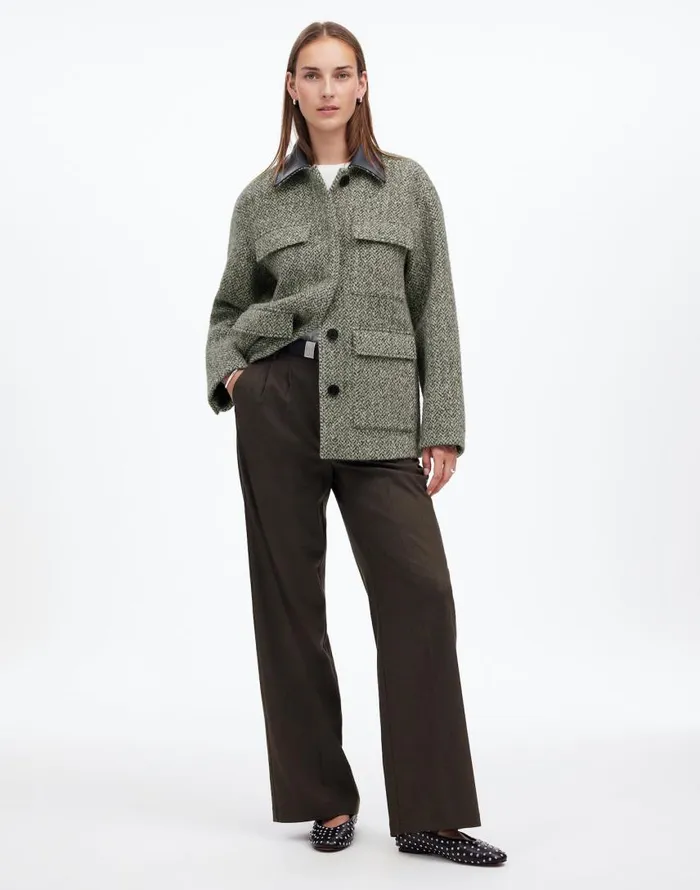 Coats Jackets Women Madewell Leather Collar FlapPocket Field Jacket Grey Textured Tweed