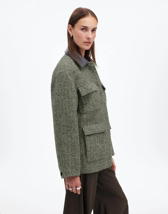 Coats Jackets Women Madewell Leather Collar FlapPocket Field Jacket Grey Textured Tweed