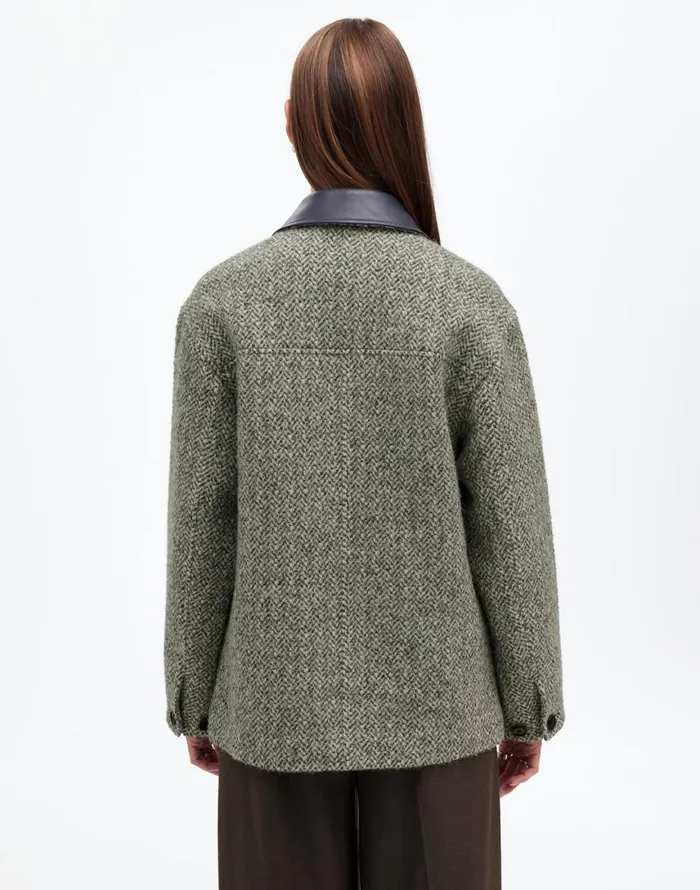 Coats Jackets Women Madewell Leather Collar FlapPocket Field Jacket Grey Textured Tweed