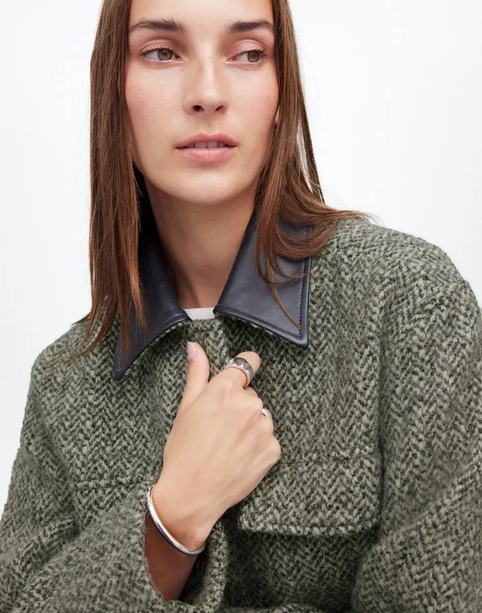 Coats Jackets Women Madewell Leather Collar FlapPocket Field Jacket Grey Textured Tweed