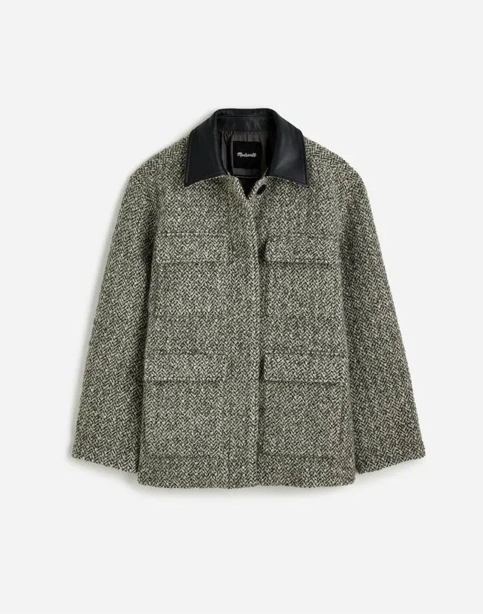 Coats Jackets Women Madewell Leather Collar FlapPocket Field Jacket Grey Textured Tweed