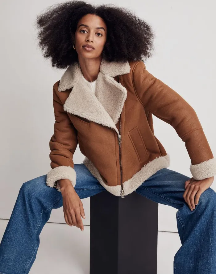 Coats Jackets Women Madewell Oversized Shearling Motorcycle Jacket Acorn
