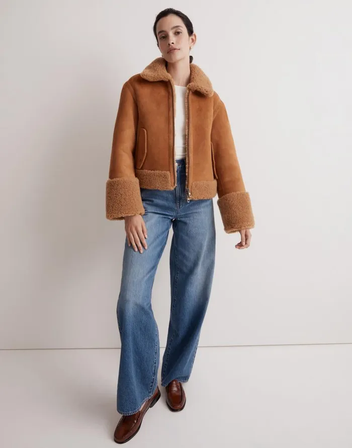 Coats Jackets Women Madewell Shearling ZipFront Jacket Toffee