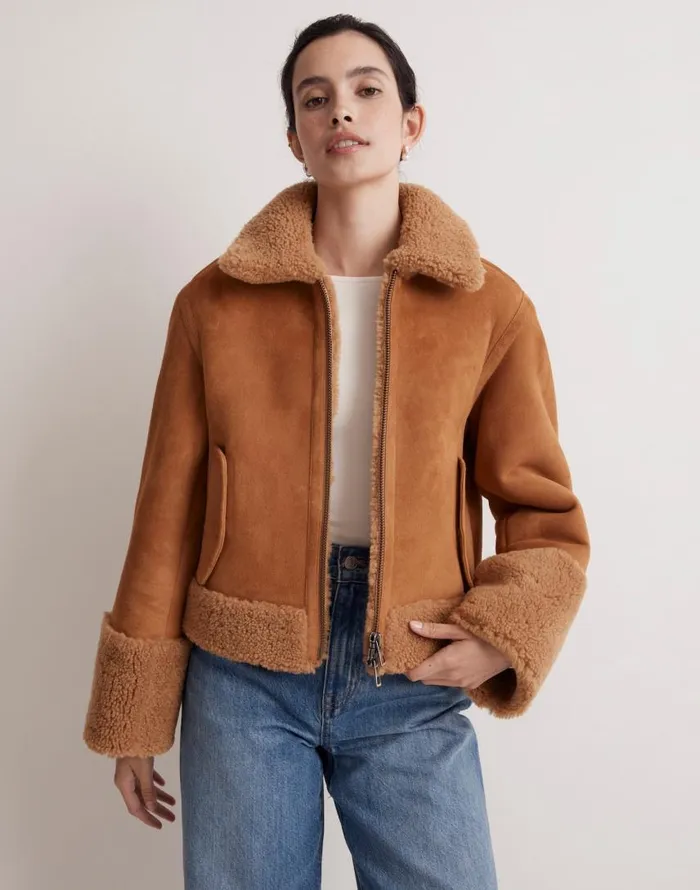Coats Jackets Women Madewell Shearling ZipFront Jacket Toffee