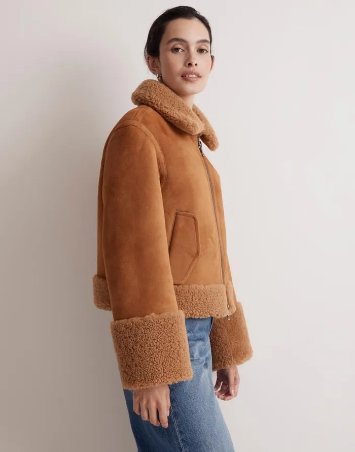 Coats Jackets Women Madewell Shearling ZipFront Jacket Toffee
