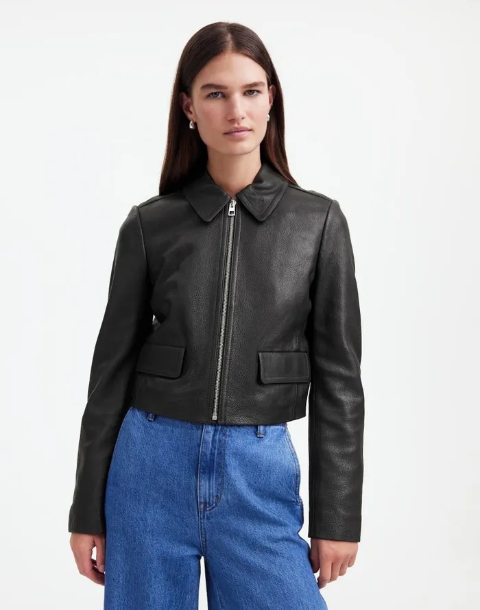 Coats Jackets Women Madewell Shrunken ZipFront Jacket In Leather True Black
