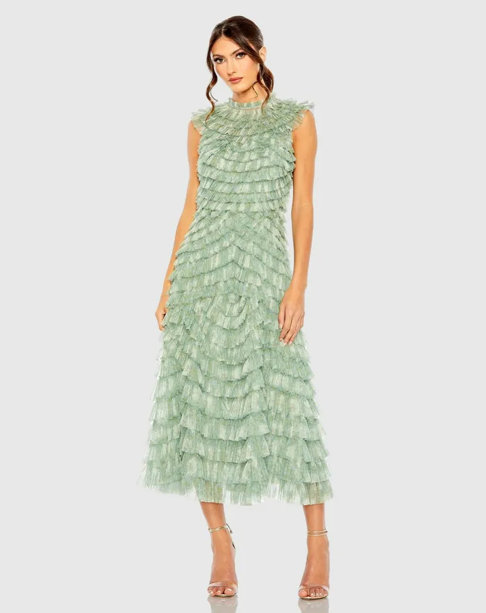Cocktail Dresses Mac Duggal Women Green High Neck Micro Ruffle Dress Green Multi Cocktail Dresses Mac Duggal Women Green High Neck Micro Ruffle Dress Green Multi