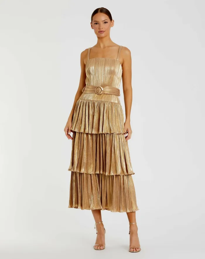 Cocktail Dresses Mac Duggal Women Ruffle Tiered Buckle Detail Dress Gold