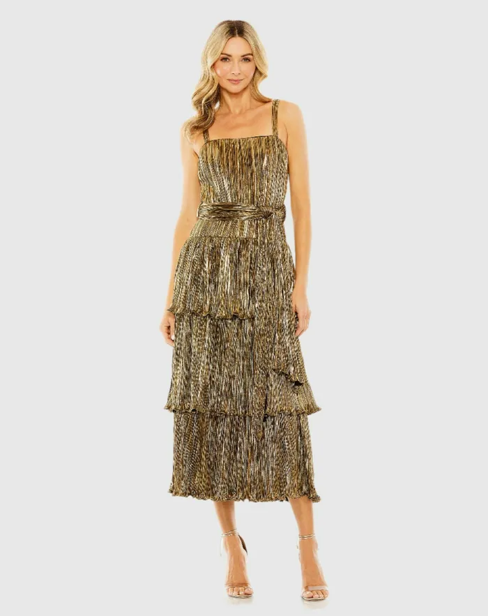 Cocktail Dresses Mac Duggal Women Ruffle Tiered Buckle Detail Dress Gold