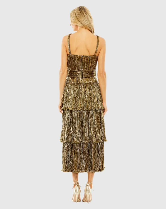 Cocktail Dresses Mac Duggal Women Ruffle Tiered Buckle Detail Dress Gold