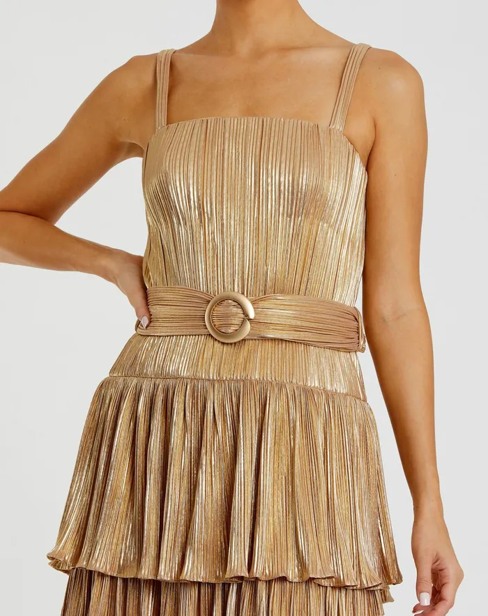 Cocktail Dresses Mac Duggal Women Ruffle Tiered Buckle Detail Dress Gold