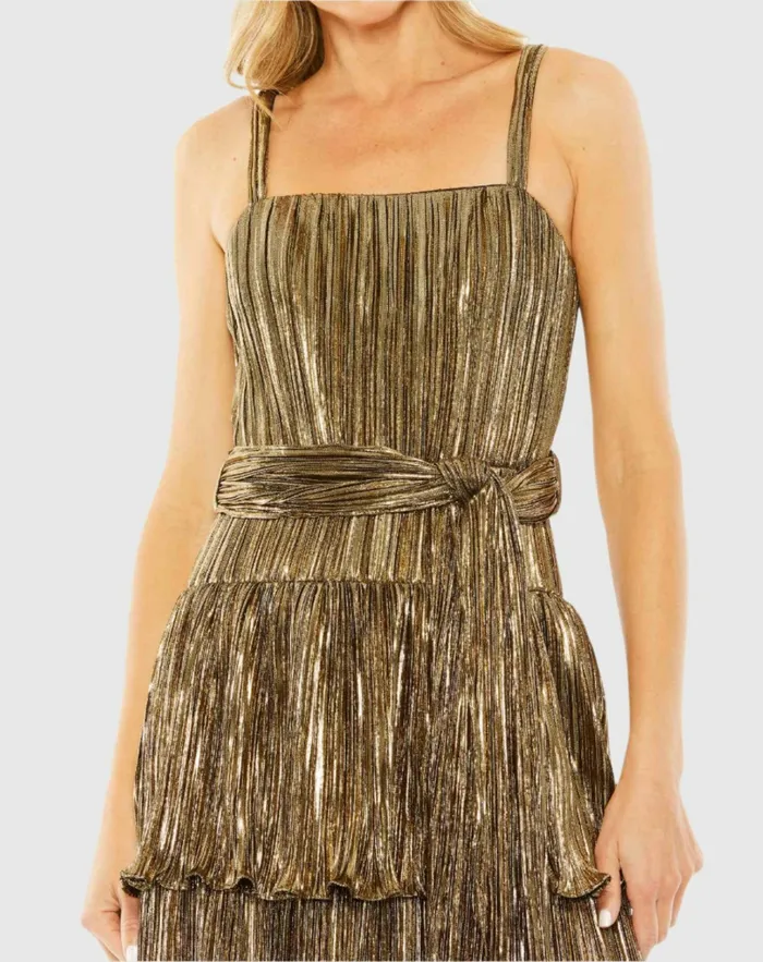 Cocktail Dresses Mac Duggal Women Ruffle Tiered Buckle Detail Dress Gold