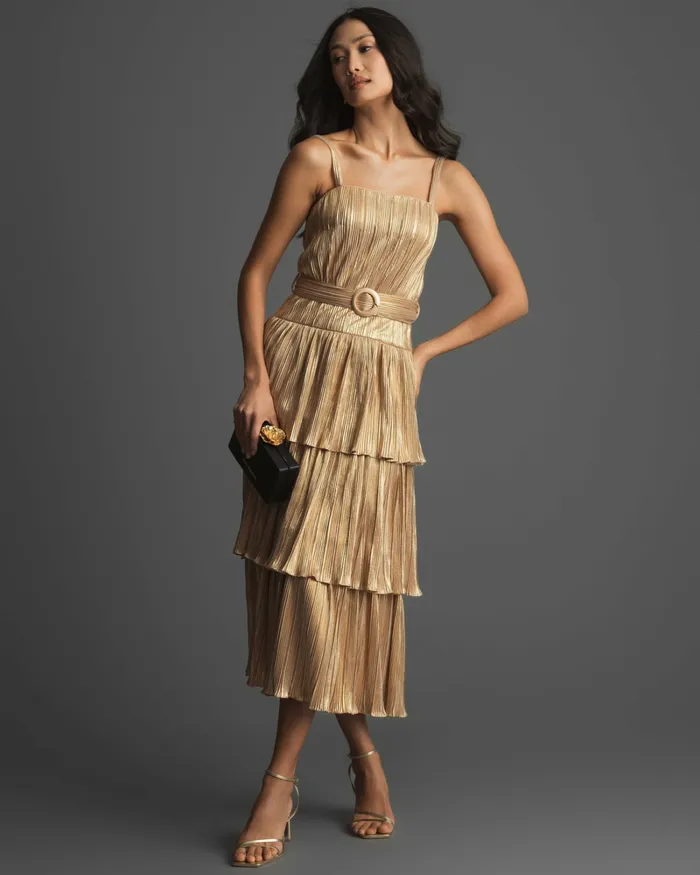 Cocktail Dresses Mac Duggal Women Ruffle Tiered Buckle Detail Dress Gold