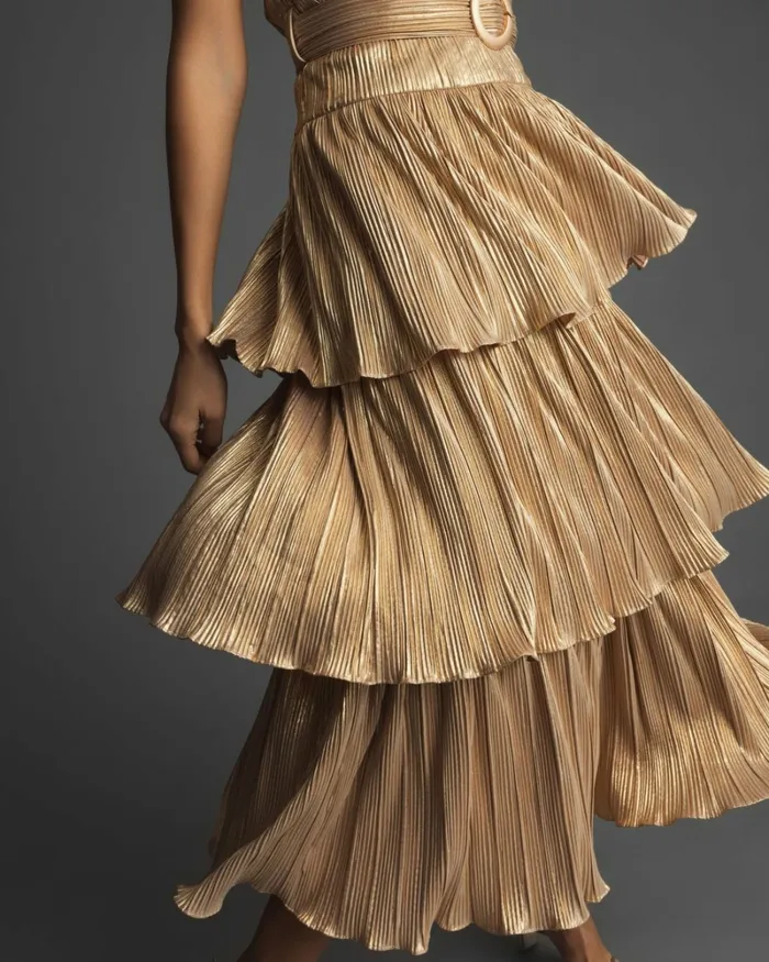 Cocktail Dresses Mac Duggal Women Ruffle Tiered Buckle Detail Dress Gold