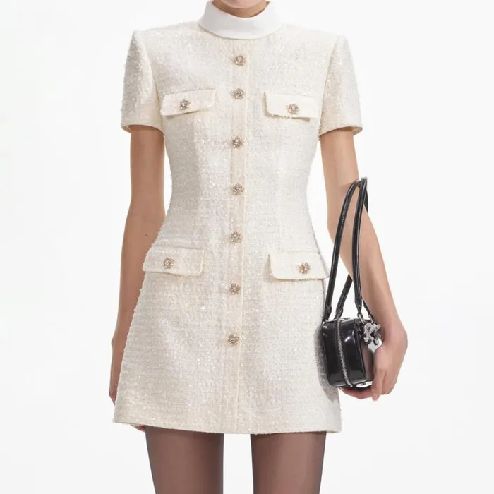Cream Boucle Mini Dress Women Self Portrait Dresses Cream Boucle Mini Dress Women Self Portrait Dresses
