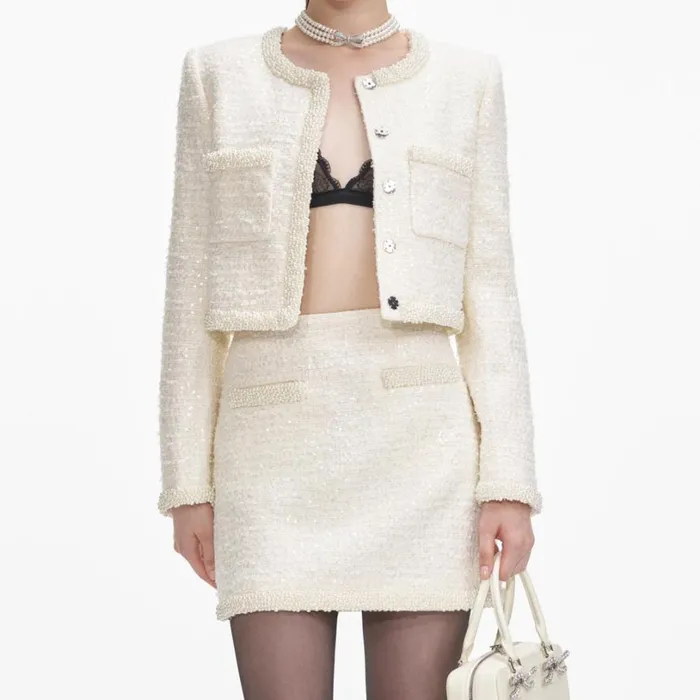 Cream Boucle Pearl Trim Jacket Women Self Portrait Outerwear Cream Boucle Pearl Trim Jacket Women Self Portrait Outerwear