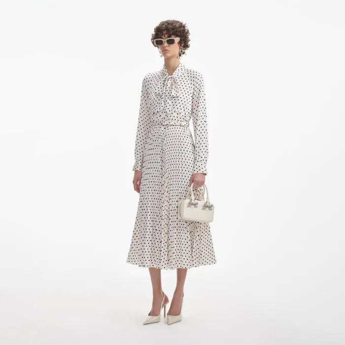 Cream Polka Dot Satin Midi Dress Women Self Portrait Dresses