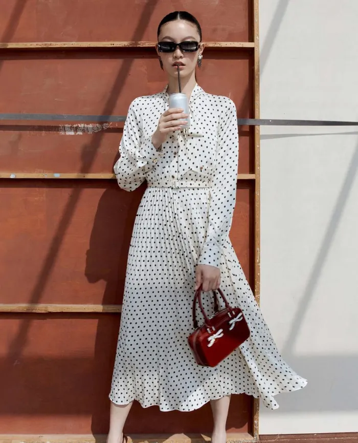 Cream Polka Dot Satin Midi Dress Women Self Portrait Dresses