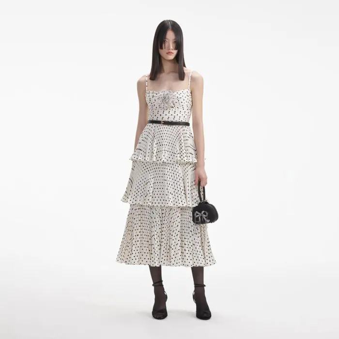 Cream Polka Dot Tiered Midi Dress Women Self Portrait Dresses