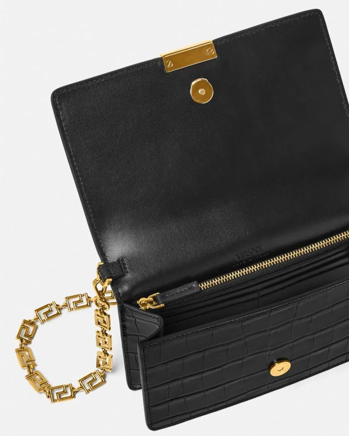 CrocEffect Greca Goddess Mini Bag Blackgold Women Versace Shoulder and Crossbody