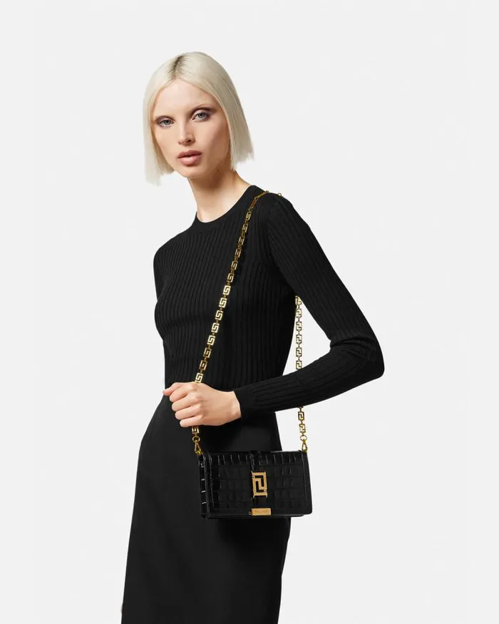 CrocEffect Greca Goddess Mini Bag Blackgold Women Versace Shoulder and Crossbody