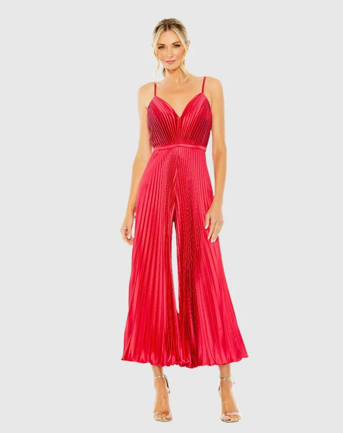 Cropped Pleated VNeck Wide Leg Jumpsuit Cranberry Women Jumpsuits and Rompers Mac Duggal Cropped Pleated VNeck Wide Leg Jumpsuit Cranberry Women Jumpsuits and Rompers Mac Duggal