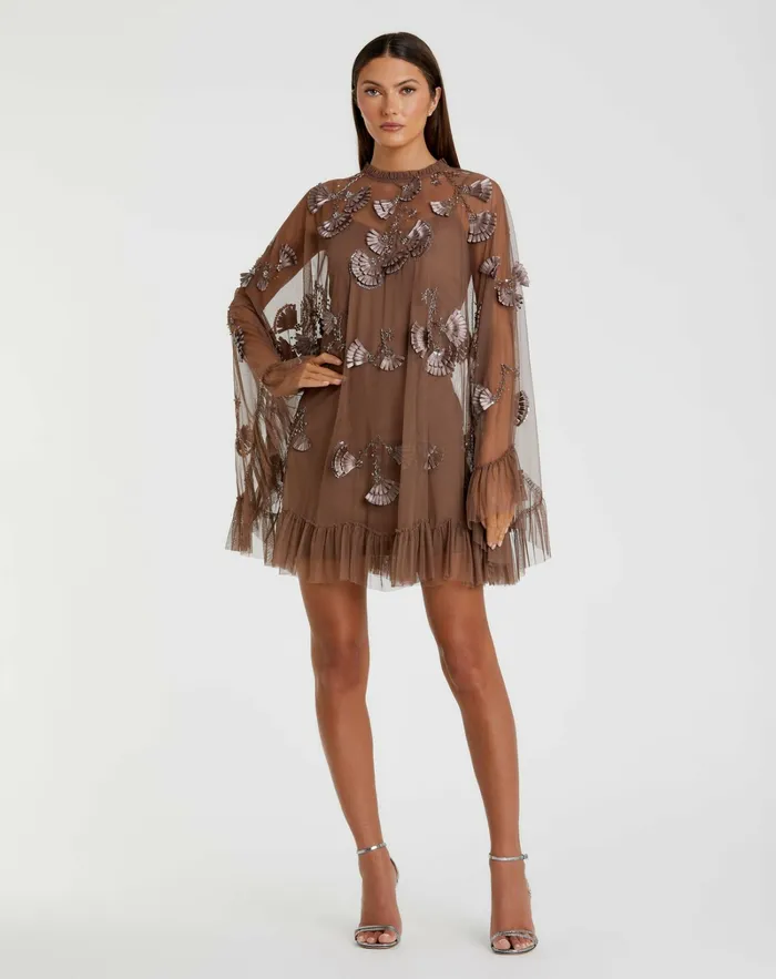 Daytime Dresses Chocolate Embellished Long Flare Sleeve Mesh ALine Dress Chocolate 8211 Mac Duggal Women Daytime Dresses Chocolate Embellished Long Flare Sleeve Mesh ALine Dress Chocolate 8211 Mac Duggal Women