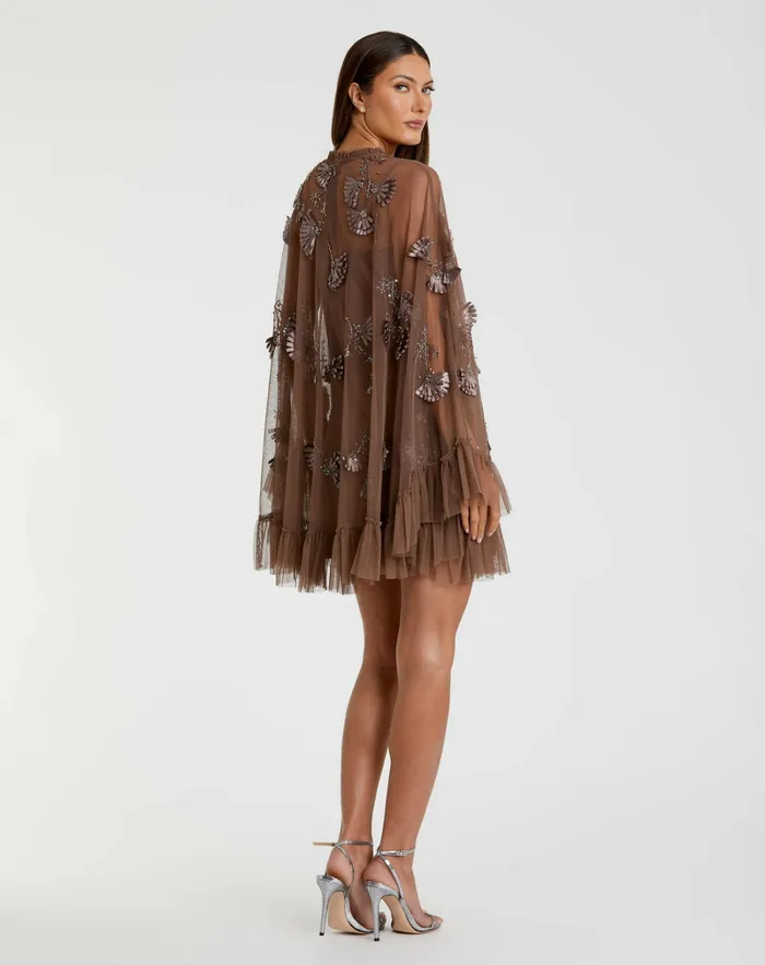 Daytime Dresses Chocolate Embellished Long Flare Sleeve Mesh ALine Dress Chocolate 8211 Mac Duggal Women
