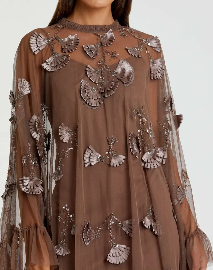Daytime Dresses Chocolate Embellished Long Flare Sleeve Mesh ALine Dress Chocolate 8211 Mac Duggal Women