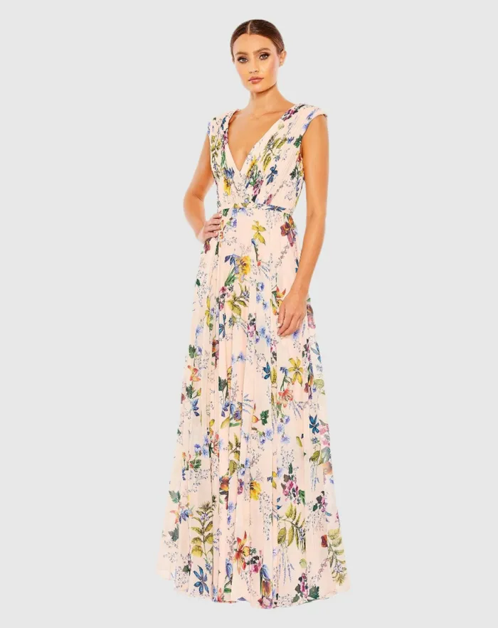 Daytime Dresses Mac Duggal Women Pleated Floral Cap Sleeve A Line Gown Pink Multi Daytime Dresses Mac Duggal Women Pleated Floral Cap Sleeve A Line Gown Pink Multi