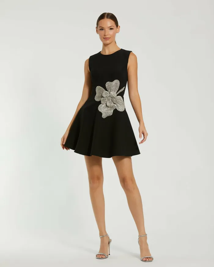 Daytime Dresses Women Crepe Sleeveless Mini Dress With Rhinestone Flower Black Mac Duggal Daytime Dresses Women Crepe Sleeveless Mini Dress With Rhinestone Flower Black Mac Duggal