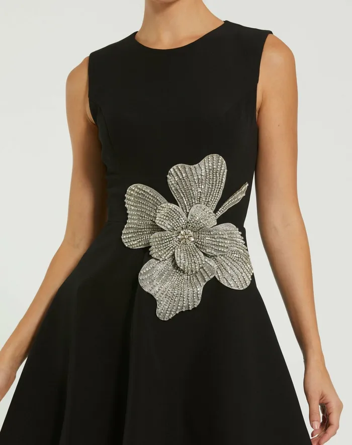 Daytime Dresses Women Crepe Sleeveless Mini Dress With Rhinestone Flower Black Mac Duggal