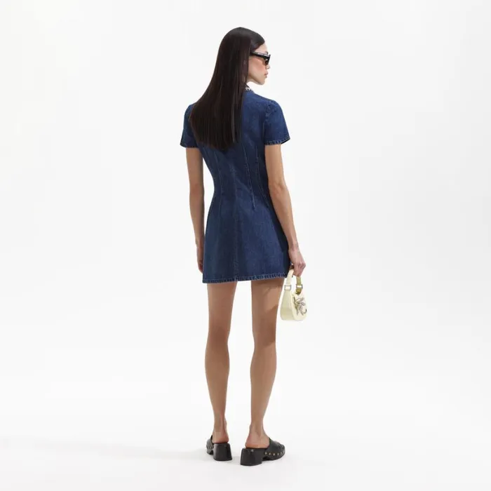 Denim Collared Mini Dress Women Self Portrait Dresses Denim Collared Mini Dress Women Self Portrait Dresses
