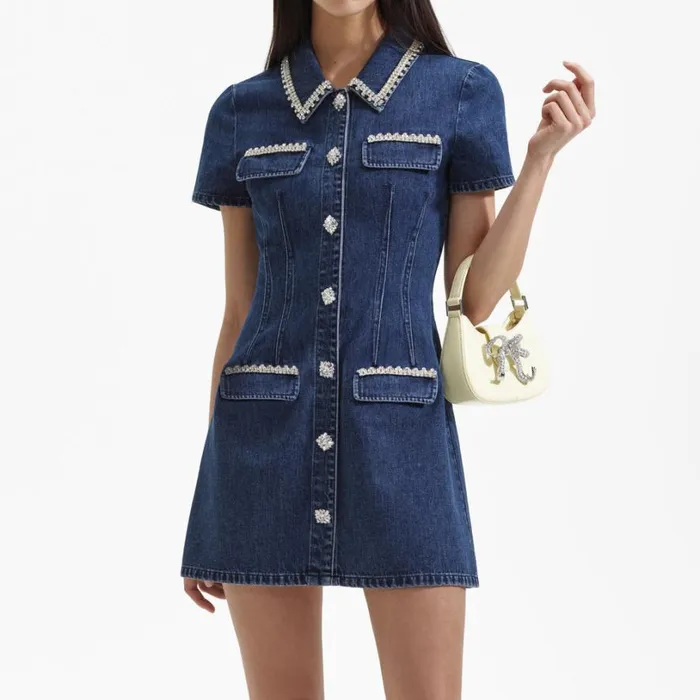 Denim Collared Mini Dress Women Self Portrait Dresses Denim Collared Mini Dress Women Self Portrait Dresses