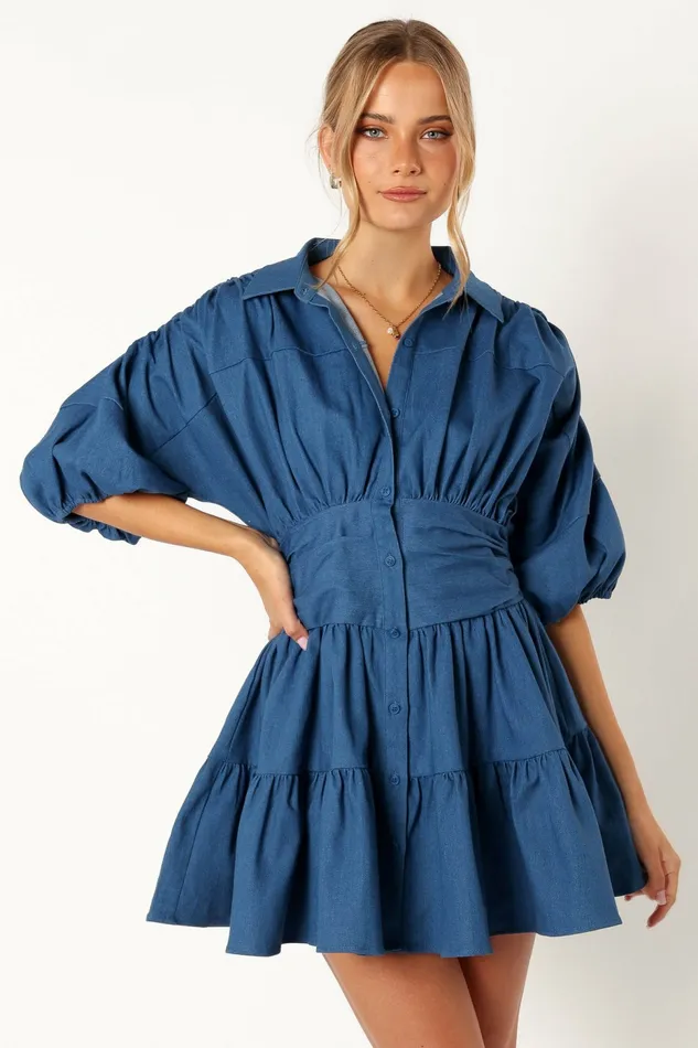 Denim Francis Long Sleeve Mini Dress Blue Denim Petal and Pup Women