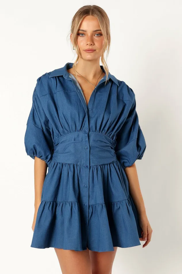 Denim Francis Long Sleeve Mini Dress Blue Denim Petal and Pup Women