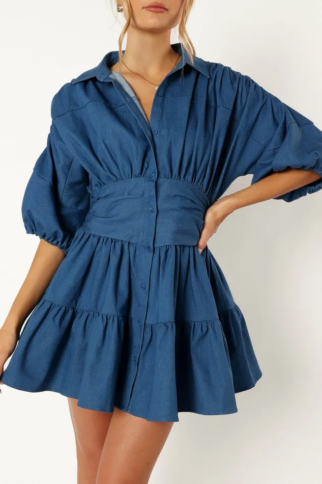 Denim Francis Long Sleeve Mini Dress Blue Denim Petal and Pup Women