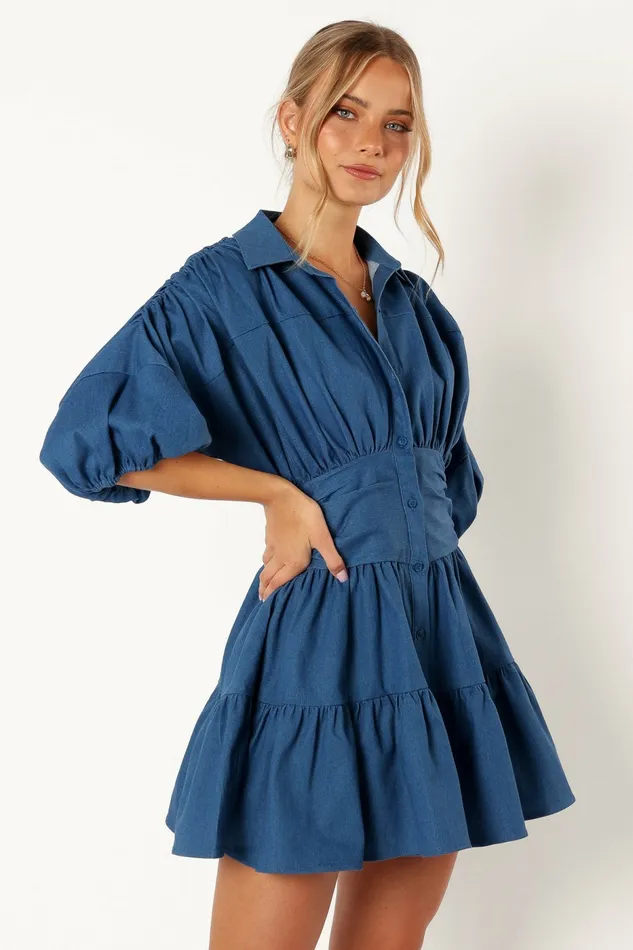 Denim Francis Long Sleeve Mini Dress Blue Denim Petal and Pup Women