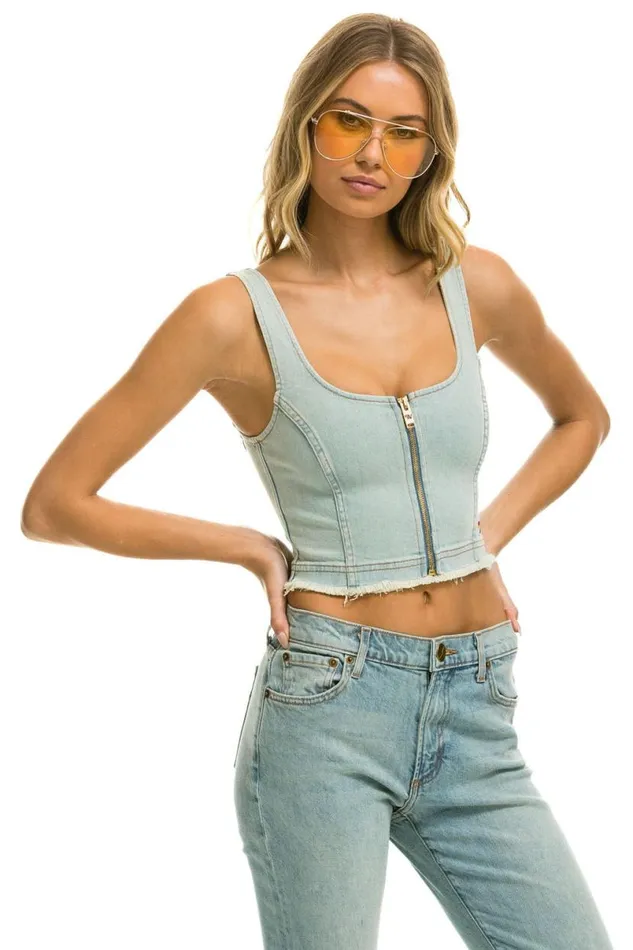 Denim Top Zip Front Bustier 8211 Vintage WomenMen Aviator Nation Denim