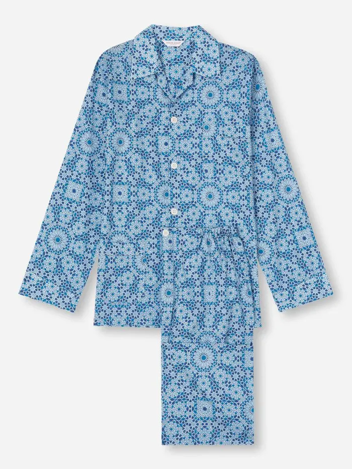Derek Rose Cotton Pajamas Men Classic Fit Pajamas Ledbury 69 Cotton Batiste Blue