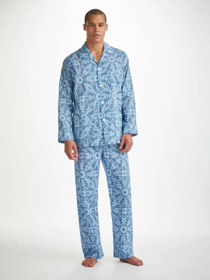 Derek Rose Cotton Pajamas Men Classic Fit Pajamas Ledbury 69 Cotton Batiste Blue