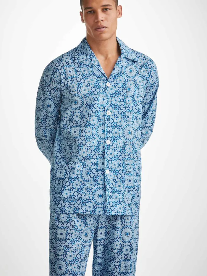 Derek Rose Cotton Pajamas Men Classic Fit Pajamas Ledbury 69 Cotton Batiste Blue