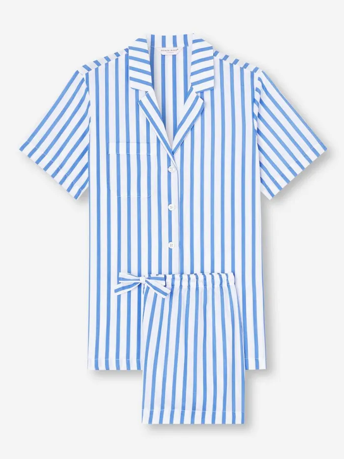 Derek Rose Cotton Pajamas Women Short Pajamas Capri 23 Cotton Batiste Blue